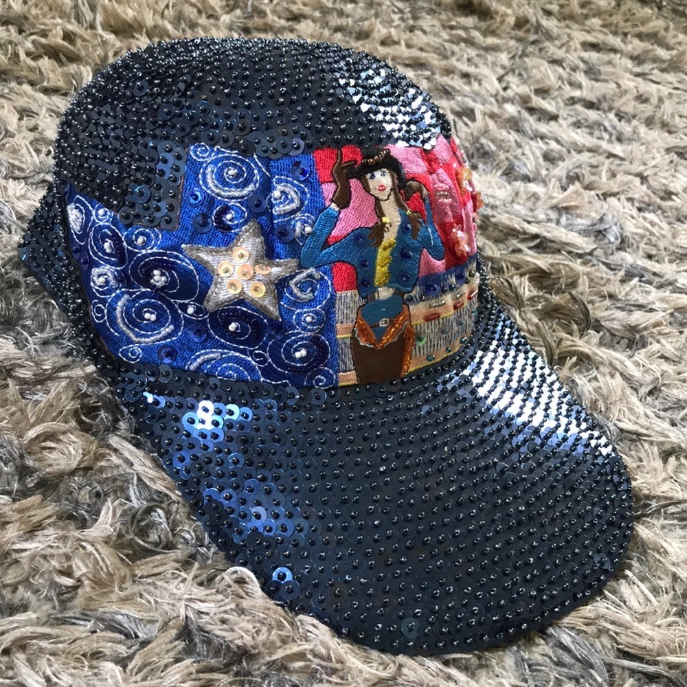 Beautiful Hand-Made Studs Embellished and Embroidery Baseball Hat, Cowgirl, OS